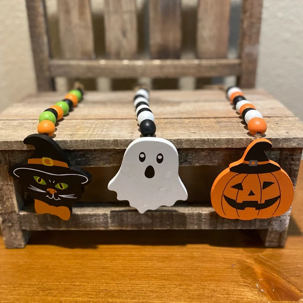 Halloween Beaded Garland Set Of 3, Black Cat Garland, Ghost Beaded Garland Set